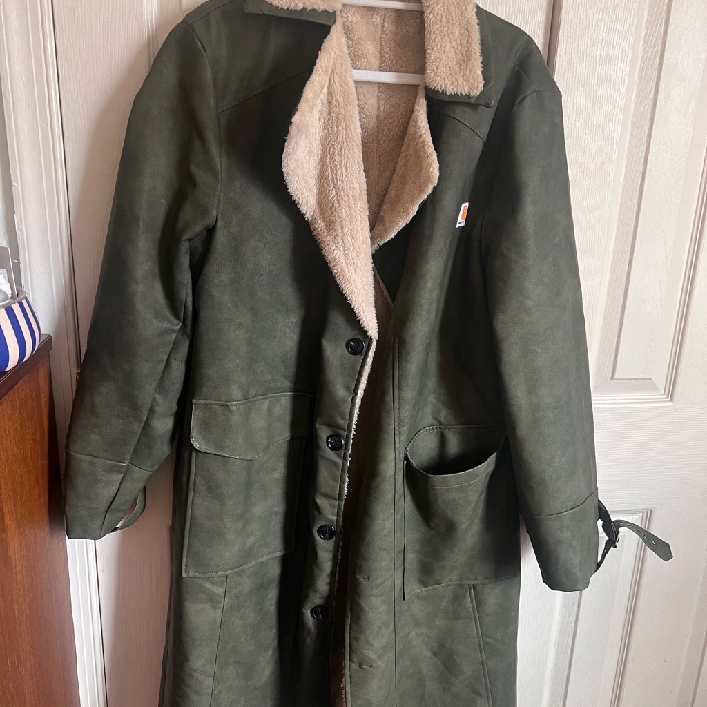 Carhartt Olive Green Sherpa-Lined Coat With Cream Trim